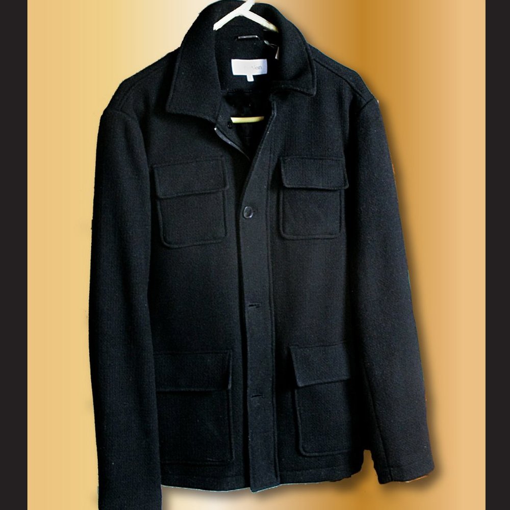 Sporty Men's Calvin Klein Jacket Coat Black Medium Button/Zipper Wool Poly Nylon